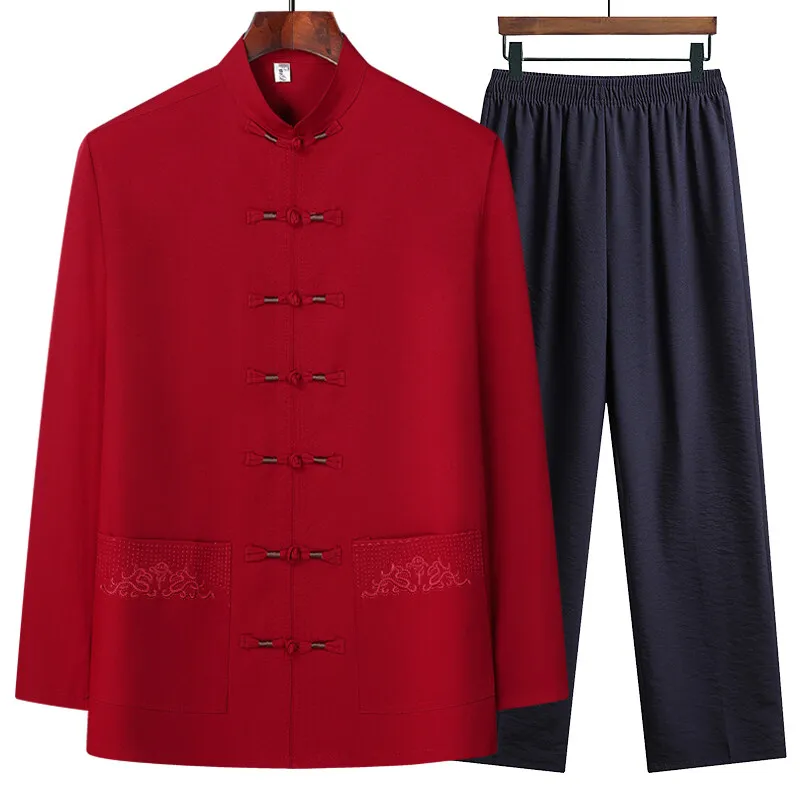 Long sleeve Cotton linen printing Sportswear Men's Fashion Two-piece set Chinese style Shirts + Pants summer spring Male Casual