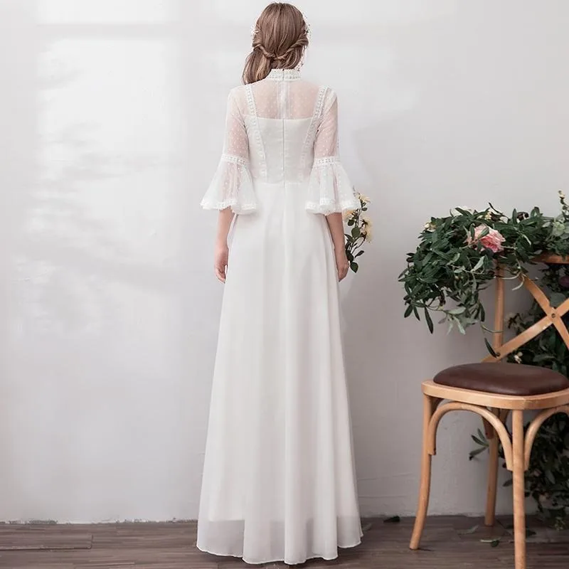 White Wedding Dress Korea O-Neck Evening Gown For Bride A-Line Lace Evening Dresses Three-quarter Sleeve Wedding Ceremony Dress