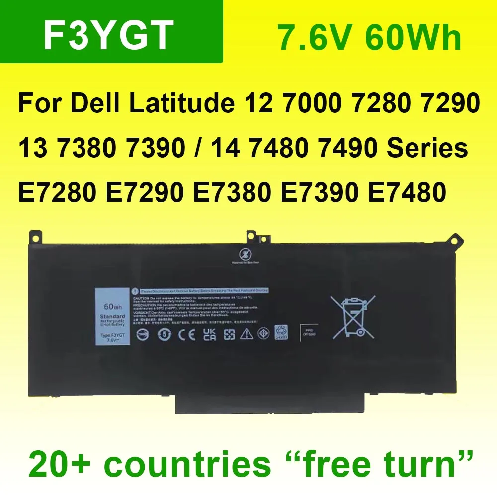 F3YGT Laptop Battery For DELL Latitude 12 7000 7280 7290 E7280 E7290 13 7380 7390 E7380 E7390 14 7480 7490 E7480 E7490 7.6V 60Wh