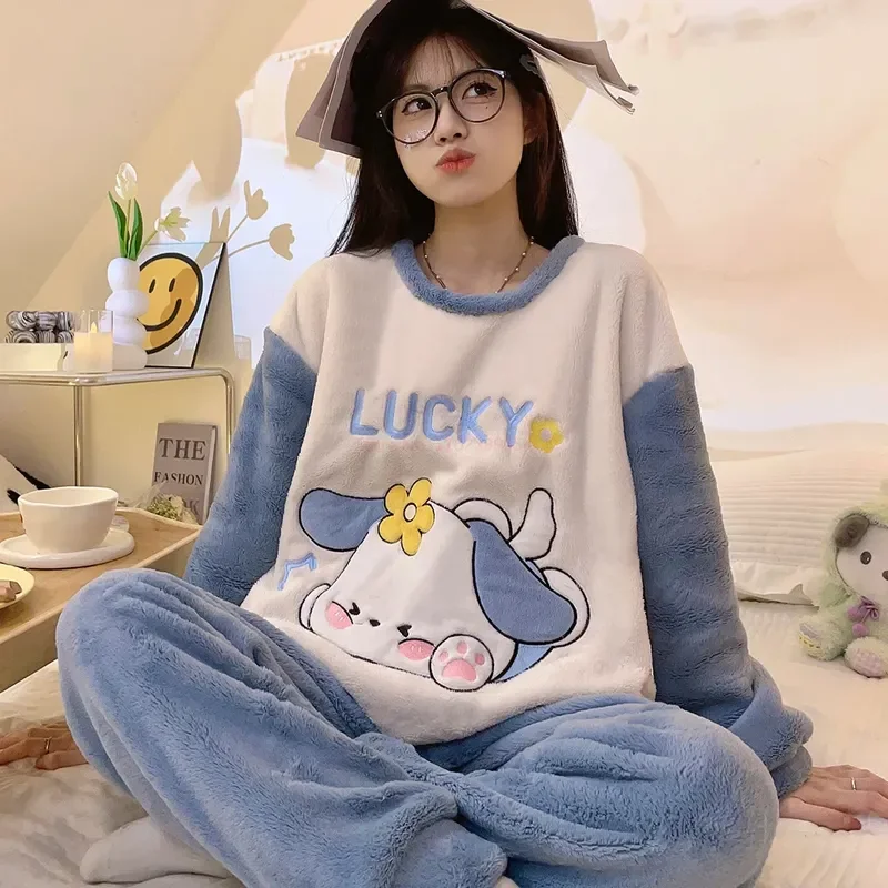 2023 New Sanrio Cartoon Winter Pajama Set Cinnamoroll Pochacco Thickened Coral Fleece Women\'S Pajama Set Flannel Christmas Gifts