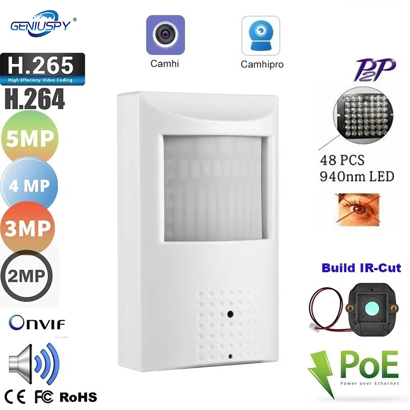 

Geniuspy Camhi TF Card Slot 5MP 2MP 1080P PIR Style Indoor Mini IR POE IP Camera Invisible 940nm IR LED Built-in MIC On vif