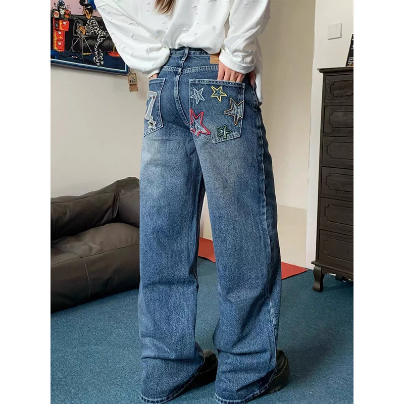 

ZHIZOU Autumn Women Y2k Baggy Blue Jeans American 2000s Style Cargo Jean Pants Vintage Harajuku Embroidery Denim Trousers Clothe