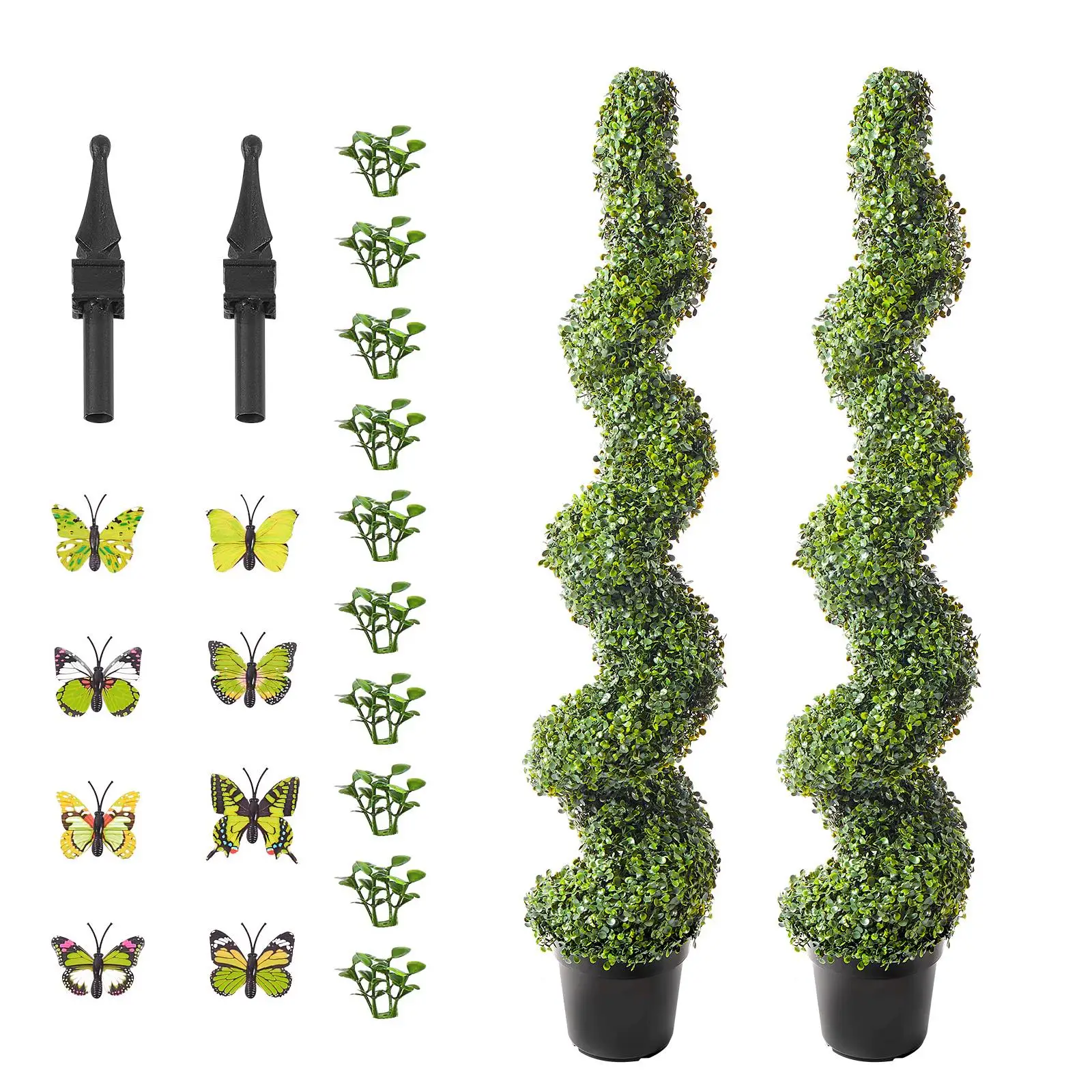Artificial Boxwood Topiary Tree Set 60 Inch Tall 2 Piece Spiral Faux Topiary Plants with Extra Leaves Pots and Small Decorations UV Rated Greenery for Indoor Outdoor for home Decor