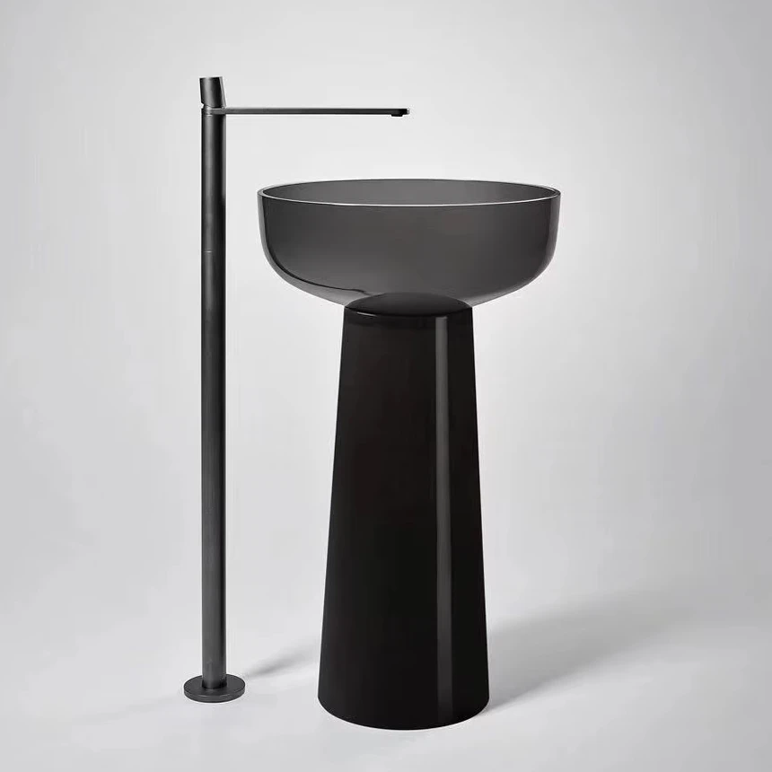 Modern Round Freestanding Pedestal Basin Black Grey Transparent Clear Resin for Hotels Designed with Artificial Stone & Drainer