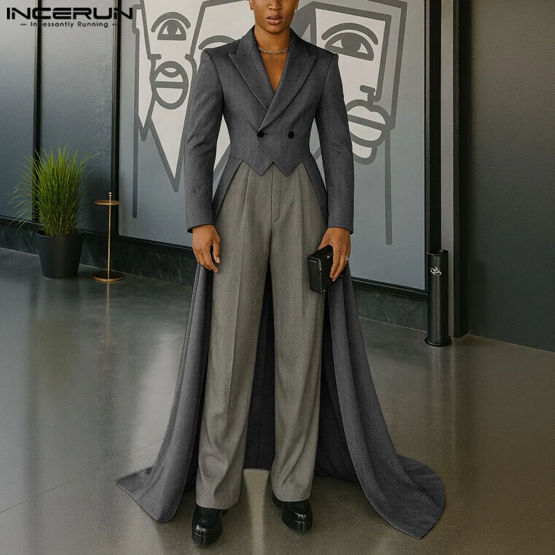 

INCERUN мужской нерегулярный пиджак с однотонными лацканами и длинными рукавами, повседневный костюм, мужская уличная одежда, элегантные модные мужские пальто, длинный стильный пиджак