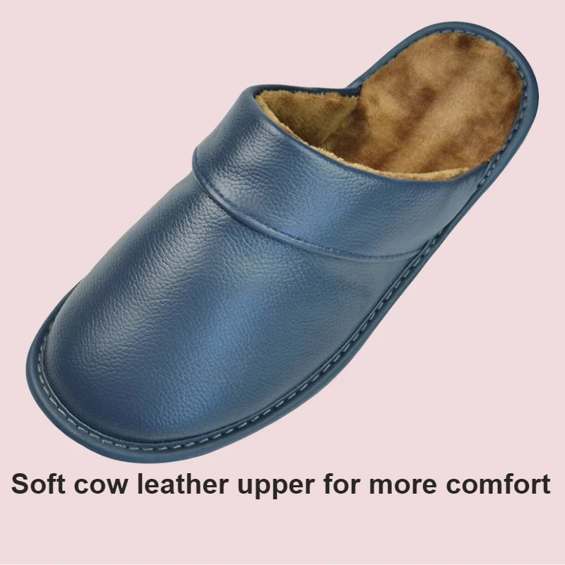 Genuine Cow Leather Slippers Winter plush flannel Homes in indoor slipper men women elderly non-slip casual warm shoe