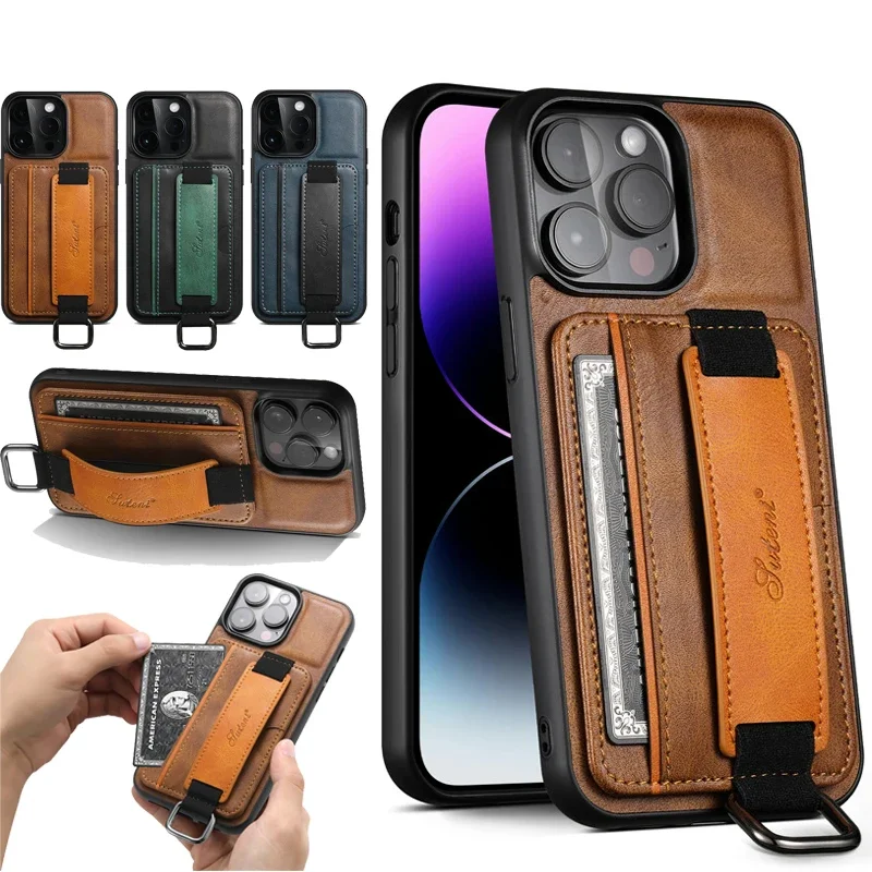 EUCAGR Luxury Wallet Wrist Strap Wallet Leather For iPhone 16 15 14 13 12 11 Pro Max XS XR Card Holder Cover For iPhone 16Pro