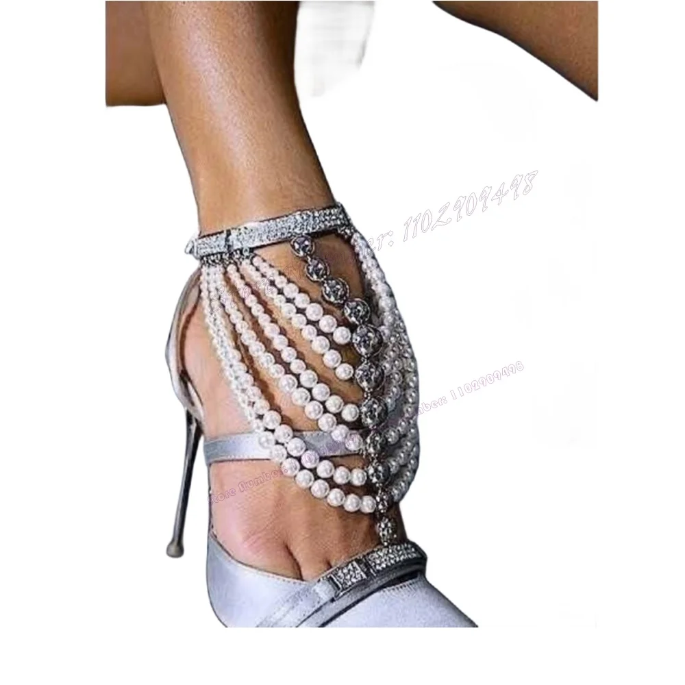 Pearl Crystal Chaon Decor Pumps T-strap Back Strap Pointy Toe Shoes for Women Thin High Heels Shoes 2023 Zapatos Para Mujere