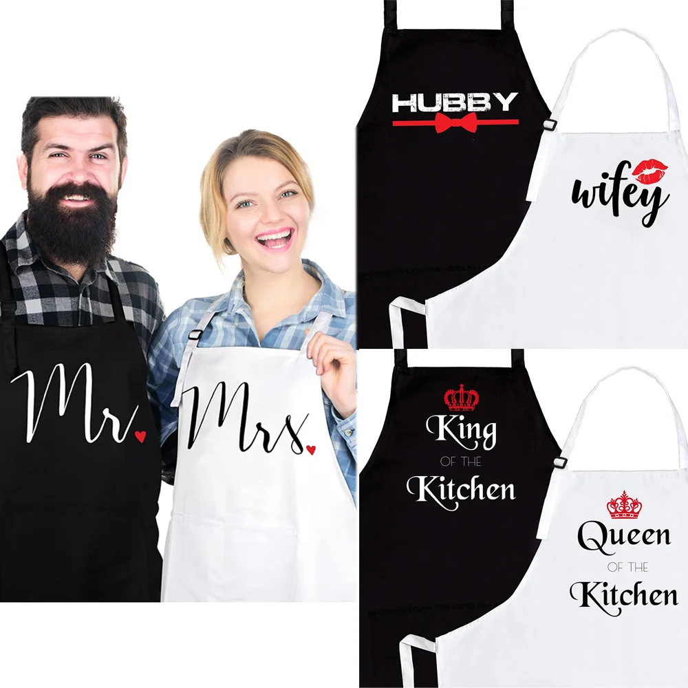 2-pack Mr and Mrs Fiance Fiance Wife Adjustable Bib Apron with Pockets for Couples Engagement Bridal Shower Wedding Decoration