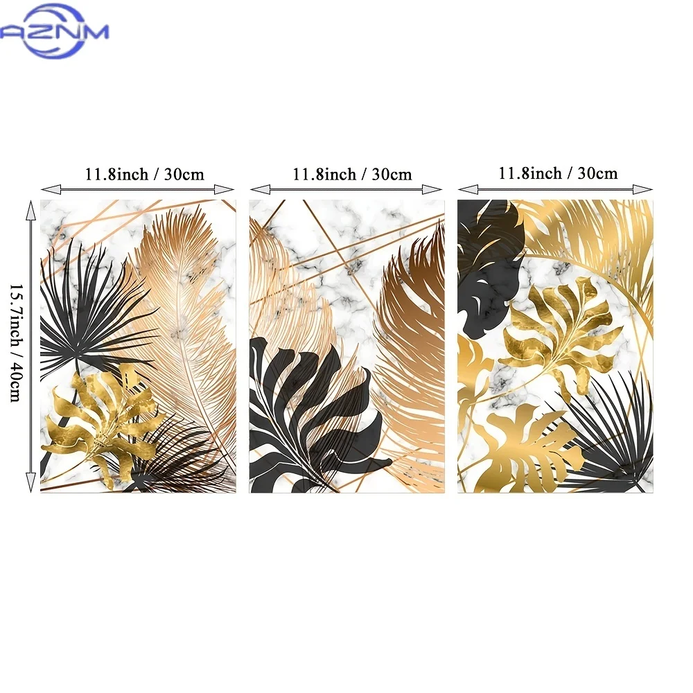 3pcs Frameless Nordic Plants Golden Leaf Canvas Painting, Marble Posters And Prints Abstract Wall Art Pictures For Living Room,