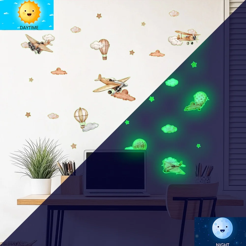 Nursery Decoration Glow Wall Stickers Airplane Decals Glow-in-the-Dark Cartoon Airplane Design Hot Air Balloon Pattern