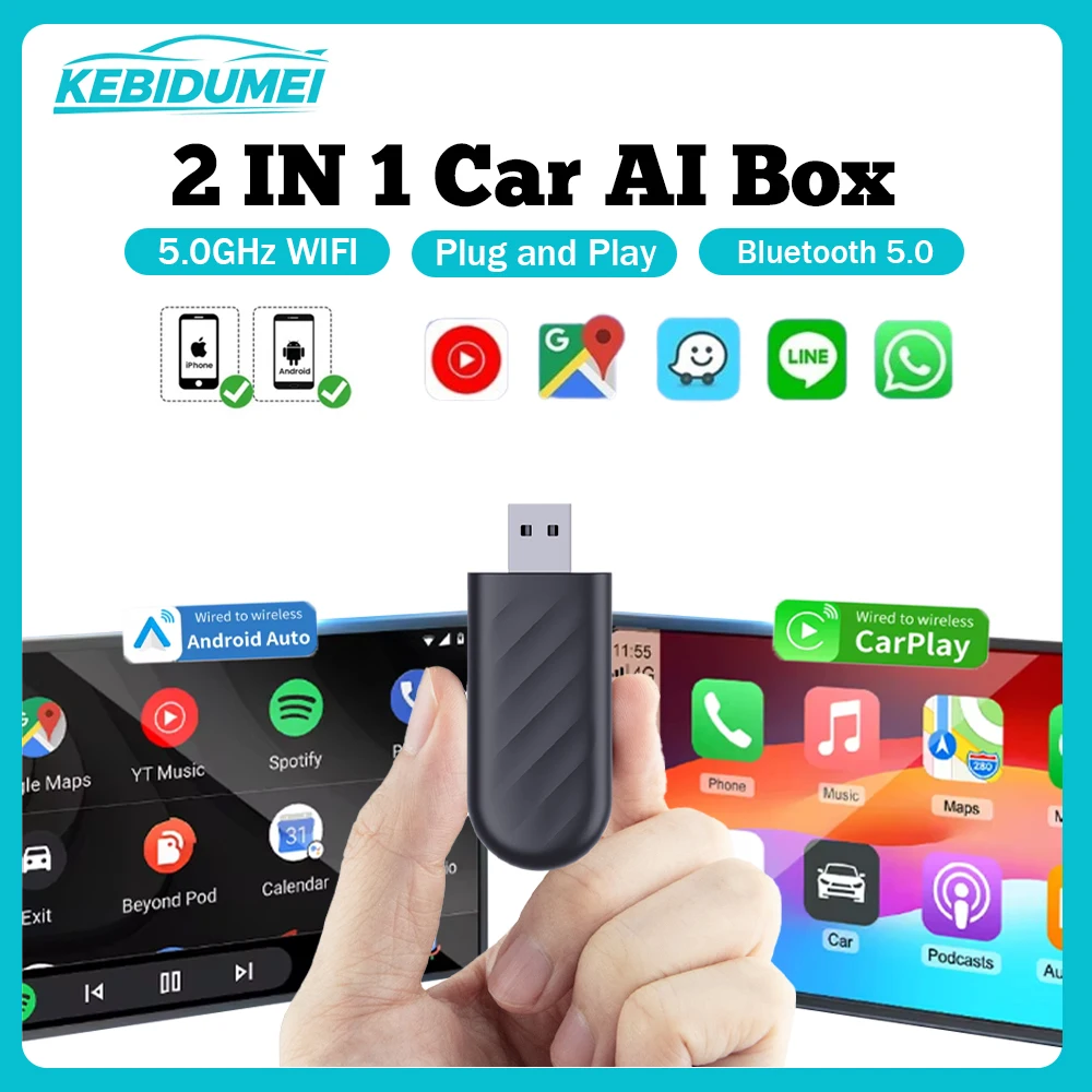 KEBIDUMEI 2IN1 Car AI Box WiFi Smart Dongle Wired To Wireless Mini Carplay Android Auto Fast Connection Plug & Play Mini Adapter