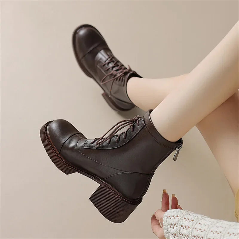 2023 Autumn Winter Split Leather Women Boots Round Toe Lace Up Short Boots for Women Chunky Heels Boots Zapatos Mujer High Heels