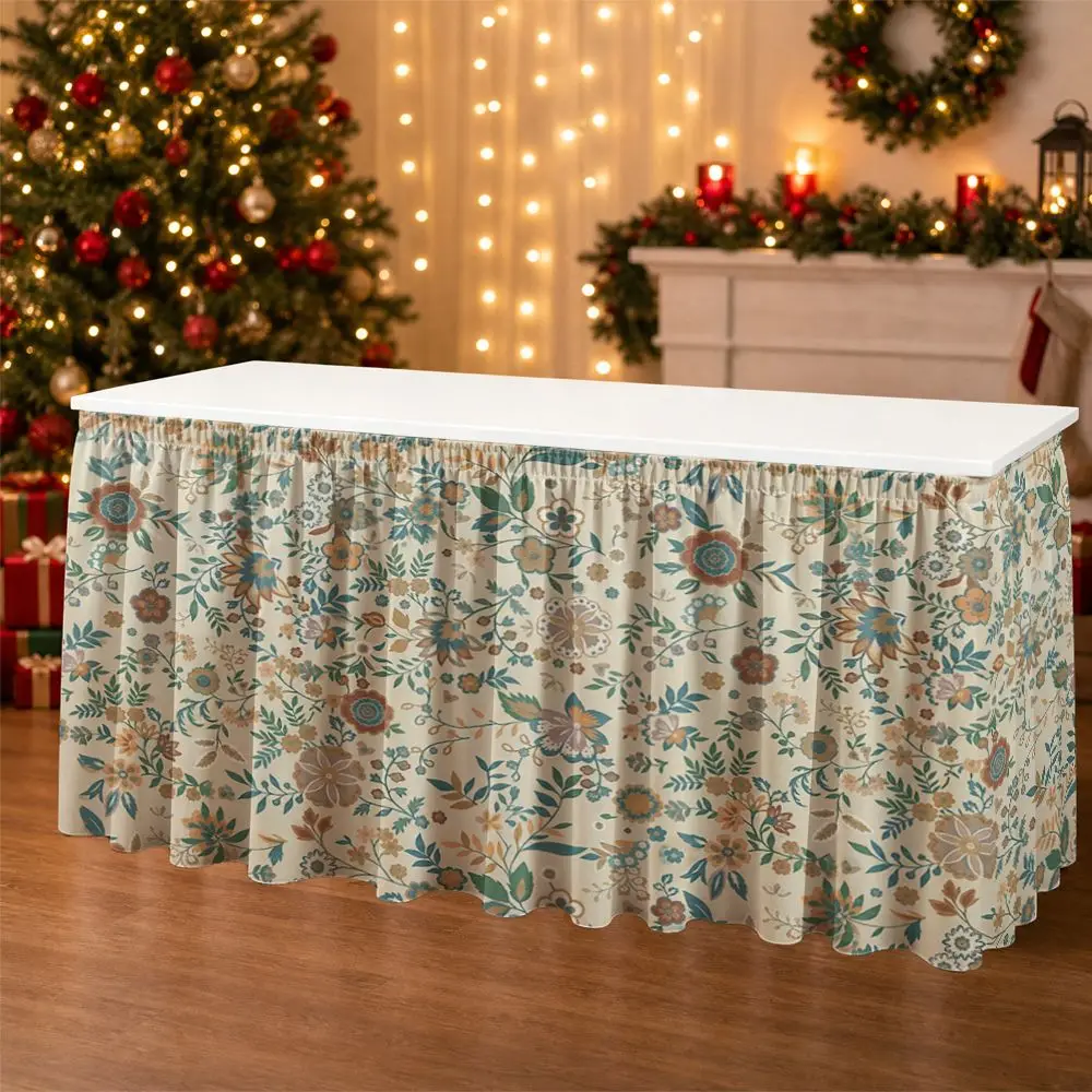 One-piece table skirt decoration with a vintage floral pattern and ruffled edge border