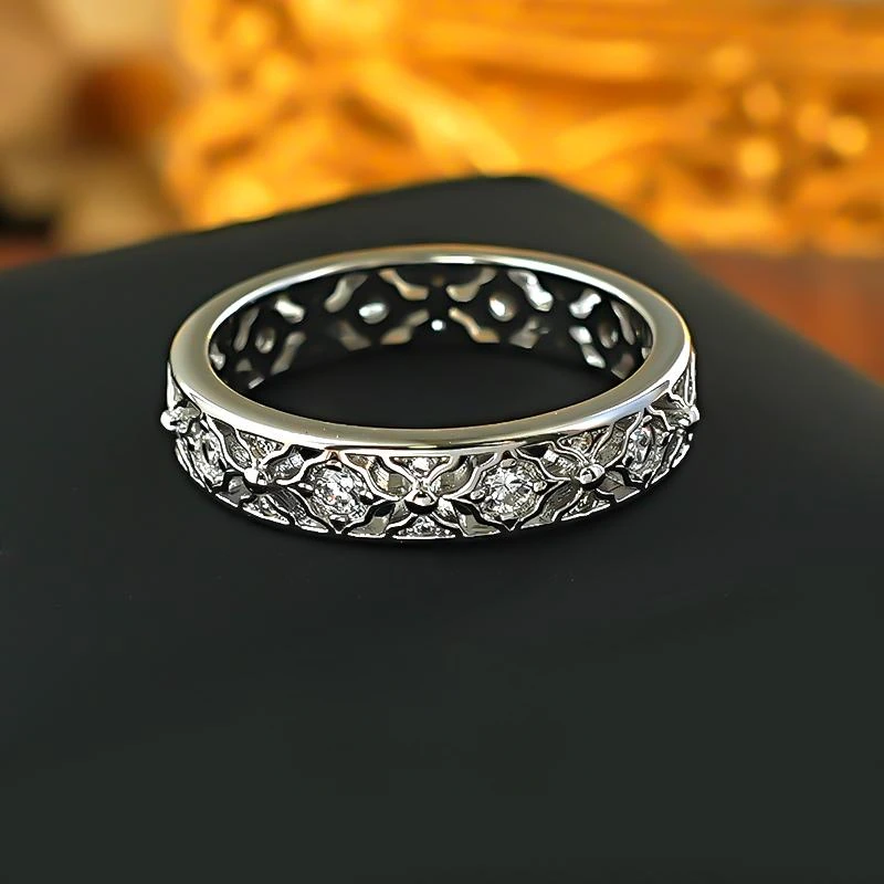 925 Silver Cloth Lace Pattern Retro Palace Ring Narrow Edition Inlay Cultivation High Carbon Diamond Stacked Women's Ring