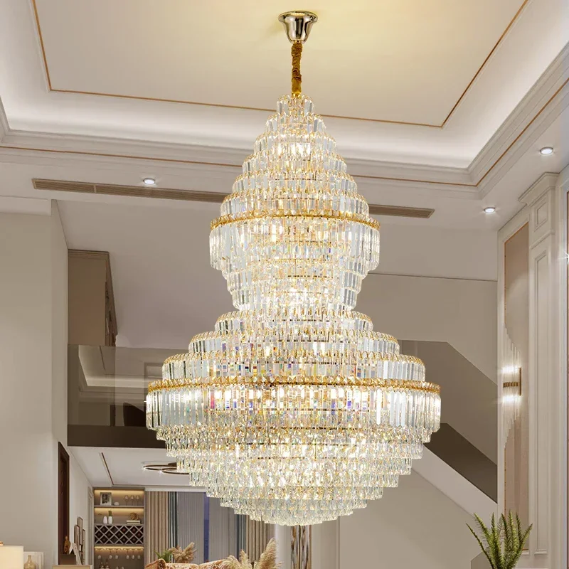 Large Duplex Crystal Chandelier for Staircase Luxury Mid-floor Lighting Villa Living Room Hanging Lamp Building Light