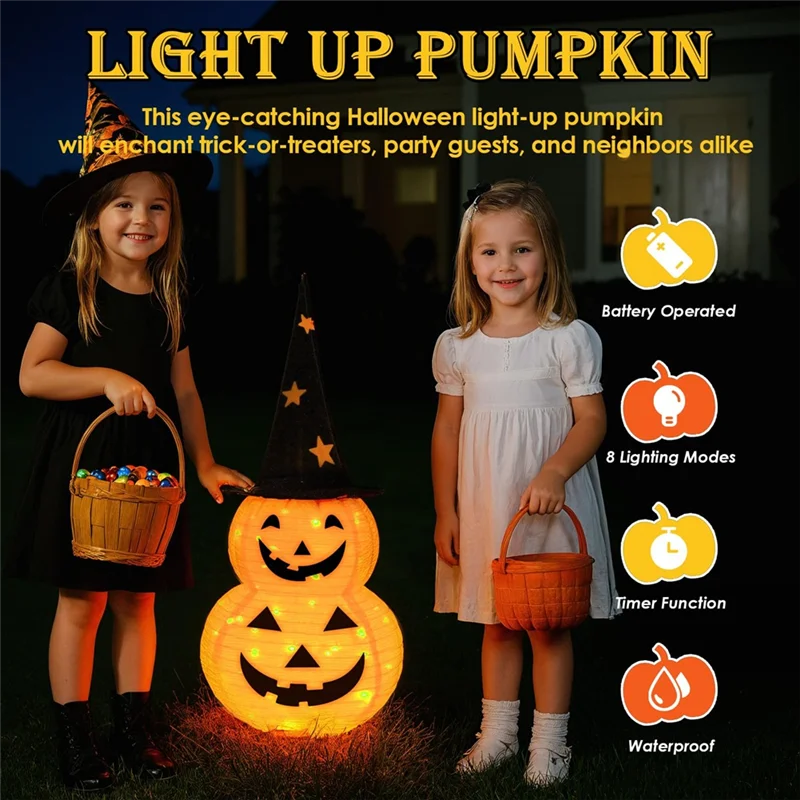 

ABAE-Halloween 3FT Pumpkin Decorations, 8 Modes Battery Operated Halloween Lights,For Indoor Outdoor Home, Party, Yard