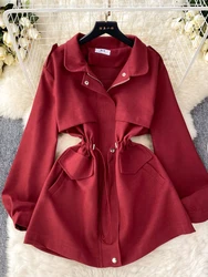 New Women Casual Coat Autumn Winter Drawstring Slim A-line Short Trench Coat Ladies Korean Chic Jacket