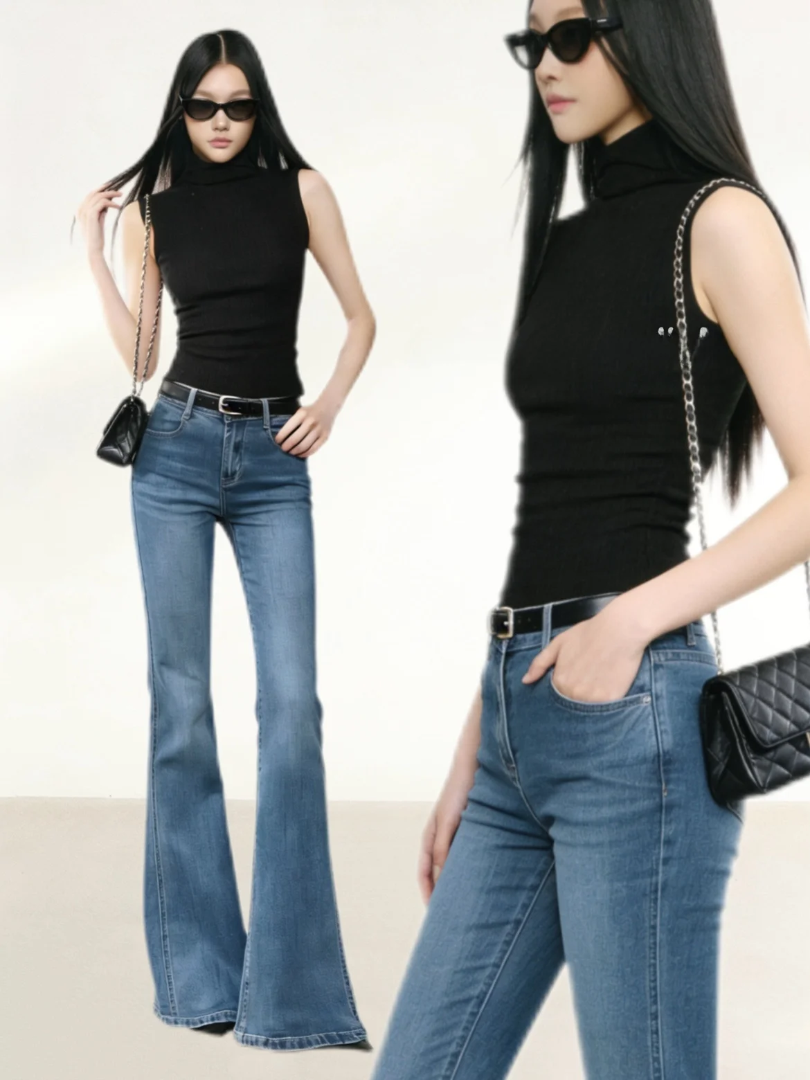 

Elegant High Collar Vest Top And Flared Pants Set Slimming Drapey American Style Hot Girl Outfit Two Piece Women's Fashion Set