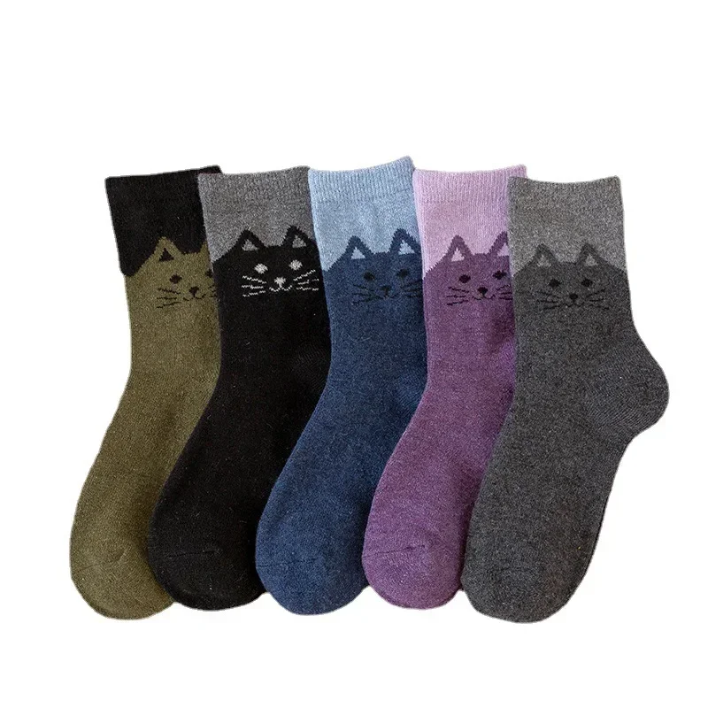 5 paires automne hiver femmes mignon laine extérieur mi-mollet chaussettes dessin animé chat épaissi chaud Style ethnique intérieur chaussettes de sol