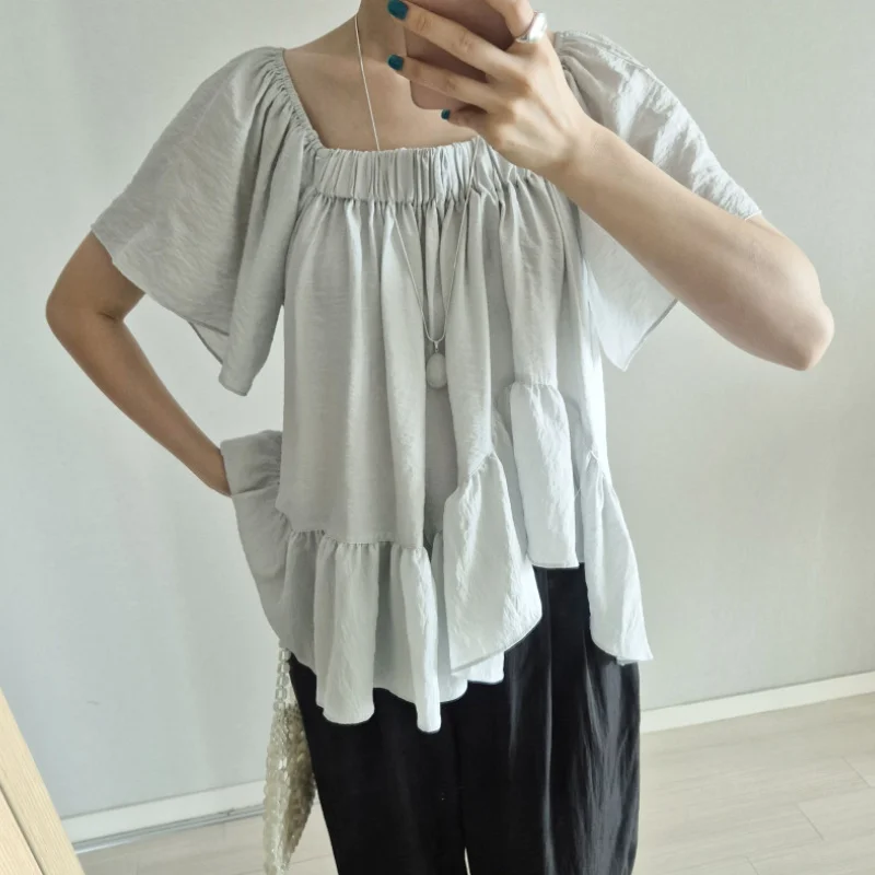 

Summer 2026 New Style Irregular Lace Short Sleeve Cake Shape Artistic Shoulder Bared Square Collar Two Ways to Wear Women's Top