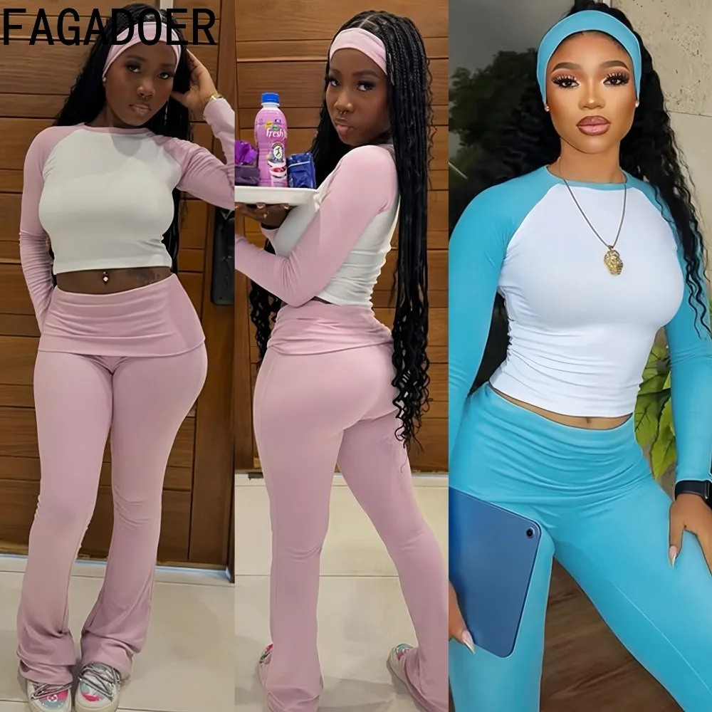 

FAGADOER Casual 2 Piece Sets Woman Outfit Long Sleeve Round Neck Crop Top and High Waist Pants Matching Suits Female Sportswear