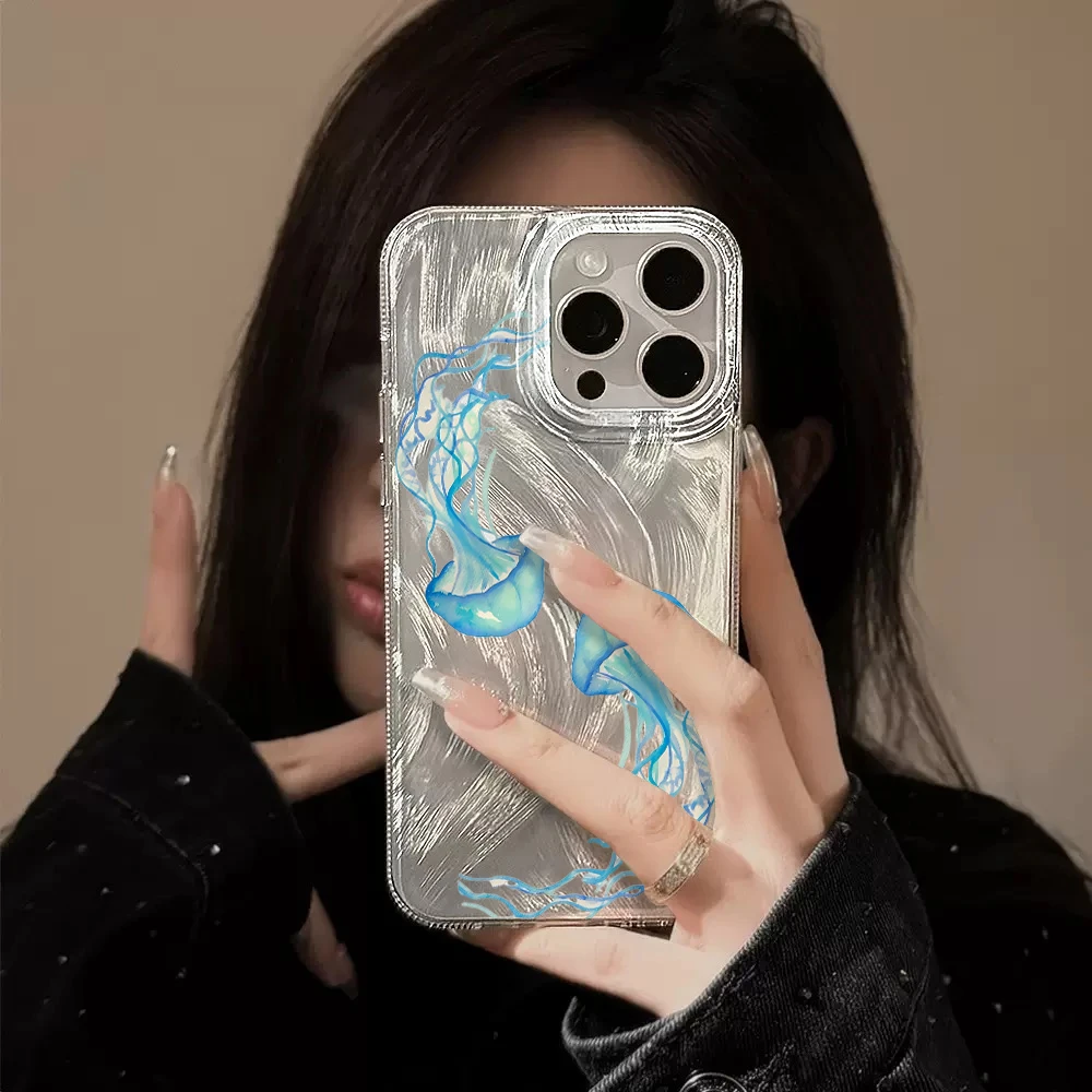 Blue Jellyfish Summer Ocean Hard IMD Phone Case For Xiaomi Redmi Note 14 Pro 13 12 11 10 Pro 5 4G 14C Plus PC Silk Texture Cover view 3