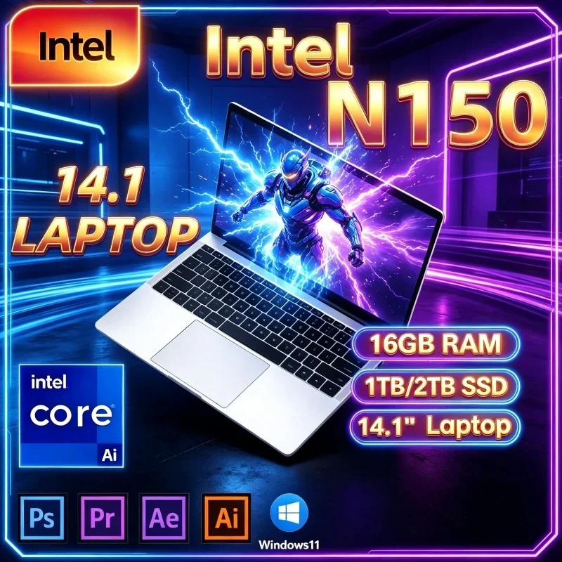 2026 Intel Core N150 New Hot 14.1" Ultra Slim Laptop 16GB 32GB 2TB Win11 Study Gaming Office Notebook