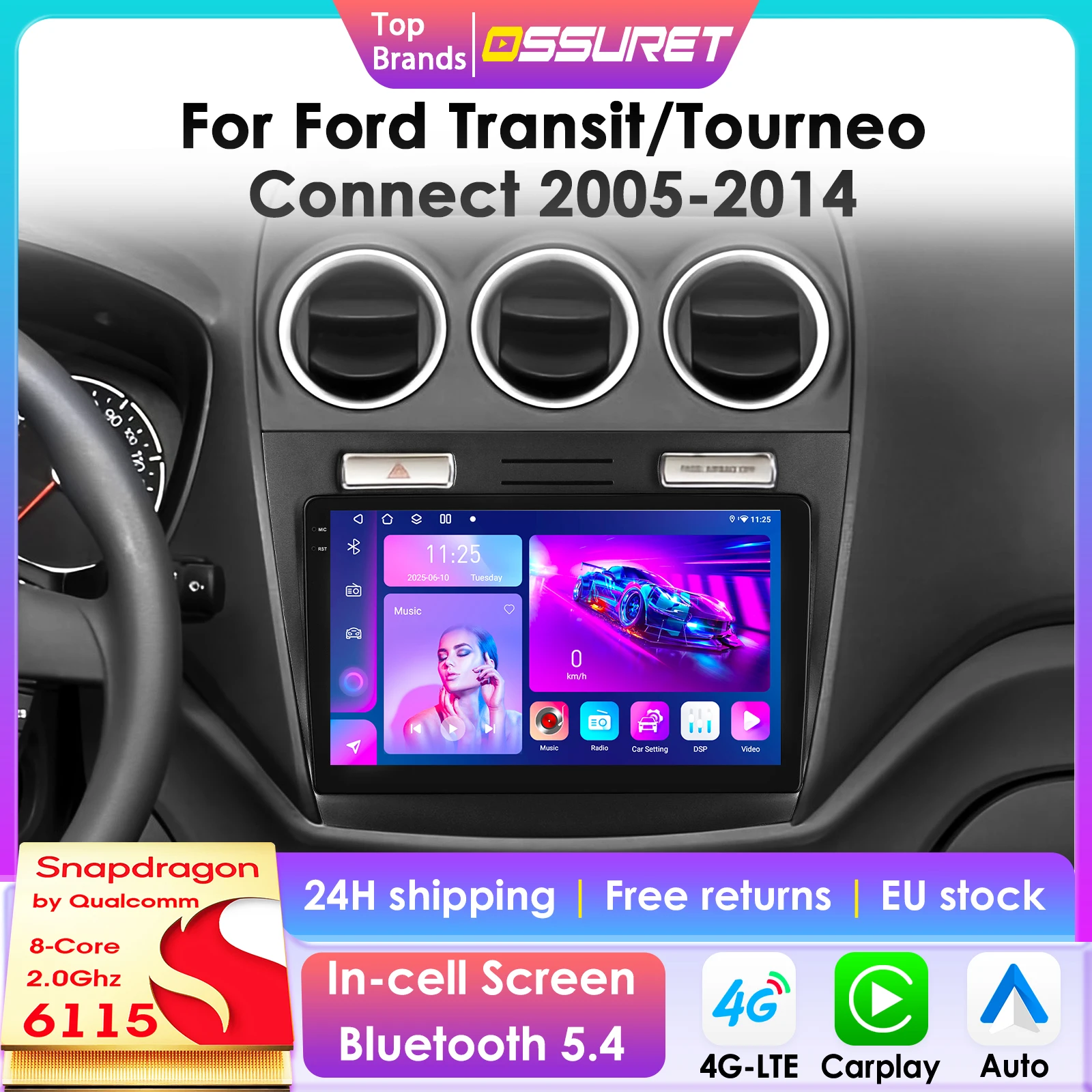 Autoradio 2Din avec caméra 360° pour Ford Transit/Tourneo Connect 2005 - 2014, lecteur multimédia intelligent, écran intelligent, Carplay