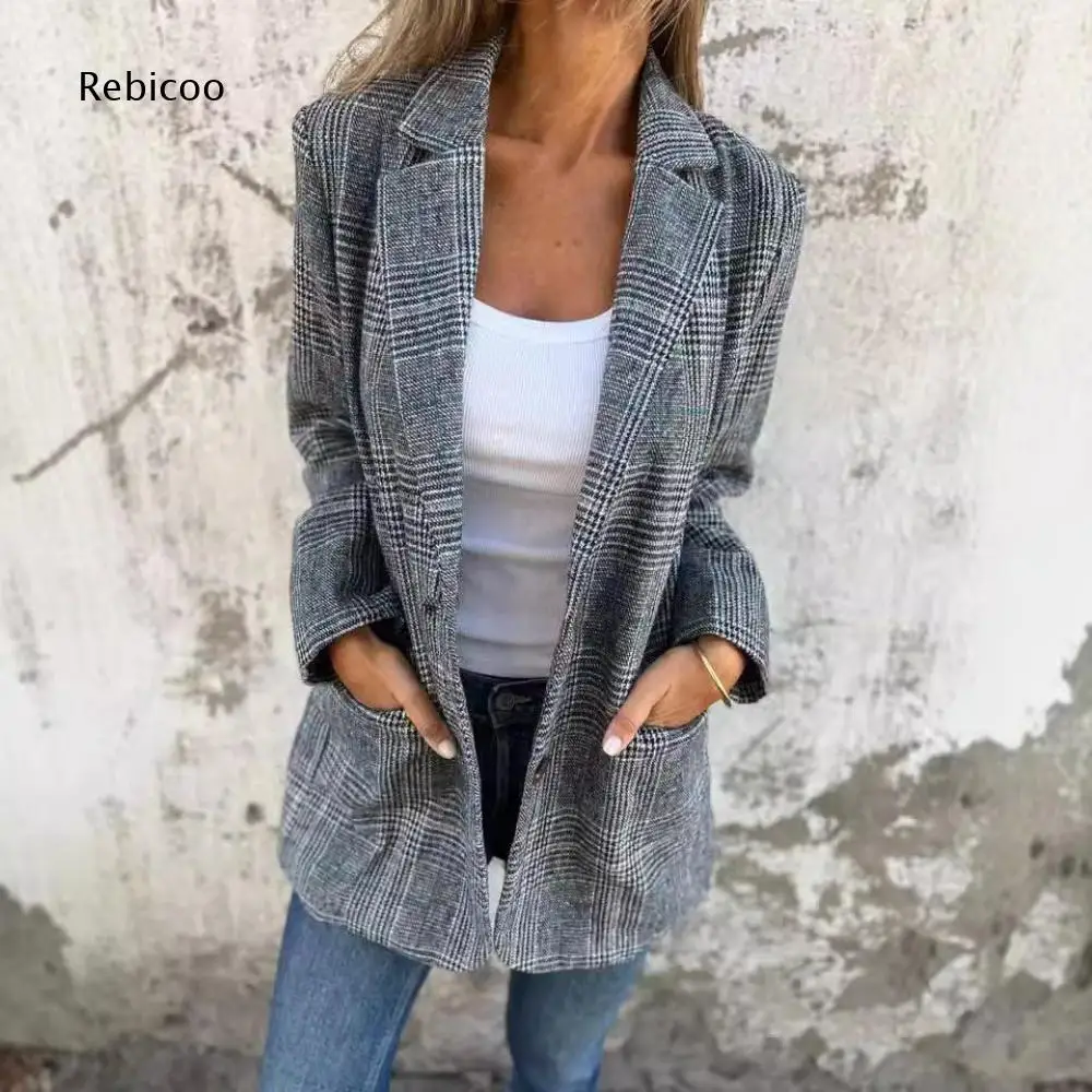 Women Fashion Plaid Blazer Notched Lapel Long Sleeve Single Breasted Button Loose Casual Suit Coat With Functional Pockets