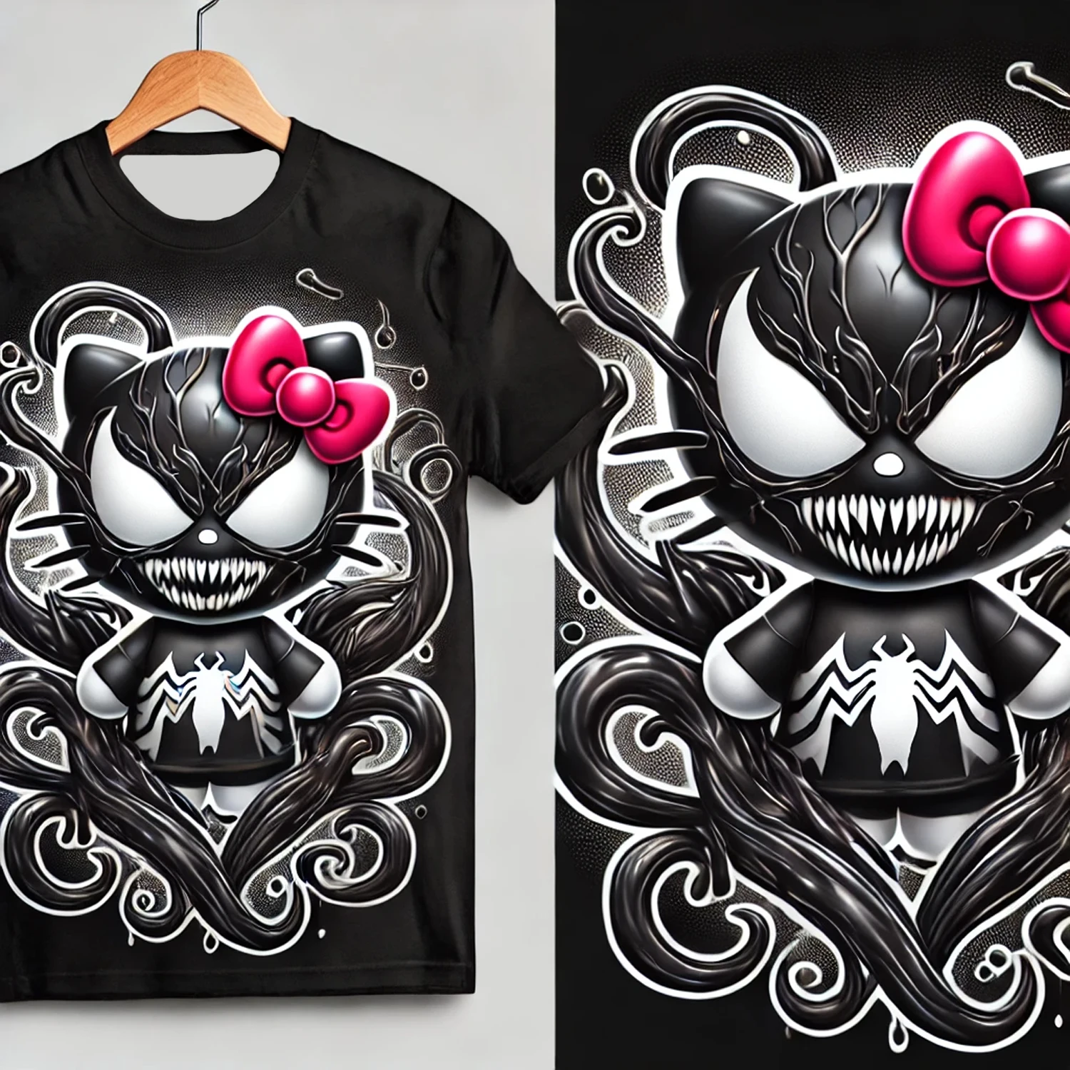 2025 New Dark-Cute Streetwear Venom-Inspired Hello Kitty T-Shirt Bold All-Over Print Dynamic Symbiote Tendrils Edgy Urban Look