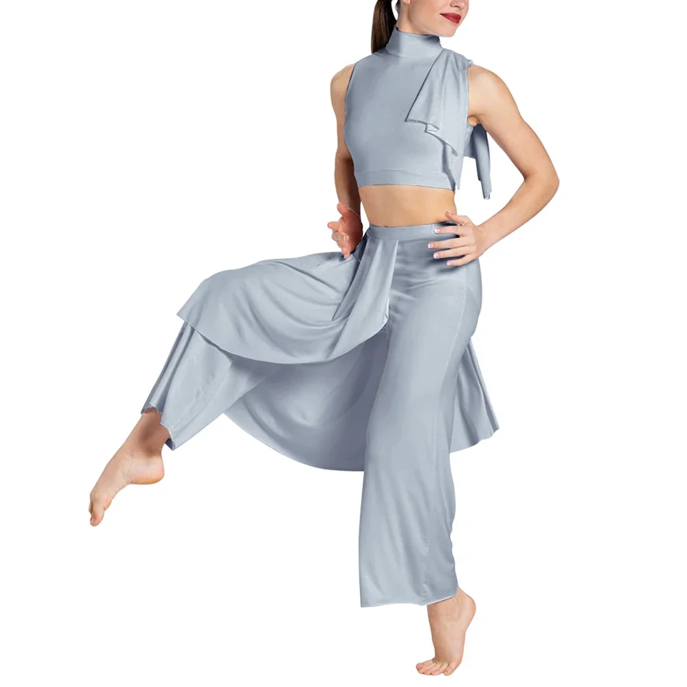 2ピースセット モダンダンスウェア ガールズ レディース クロップトップ ワイドレッグパンツ コンテンポラリーダンス ステージパフォーマンス ショーコスチューム