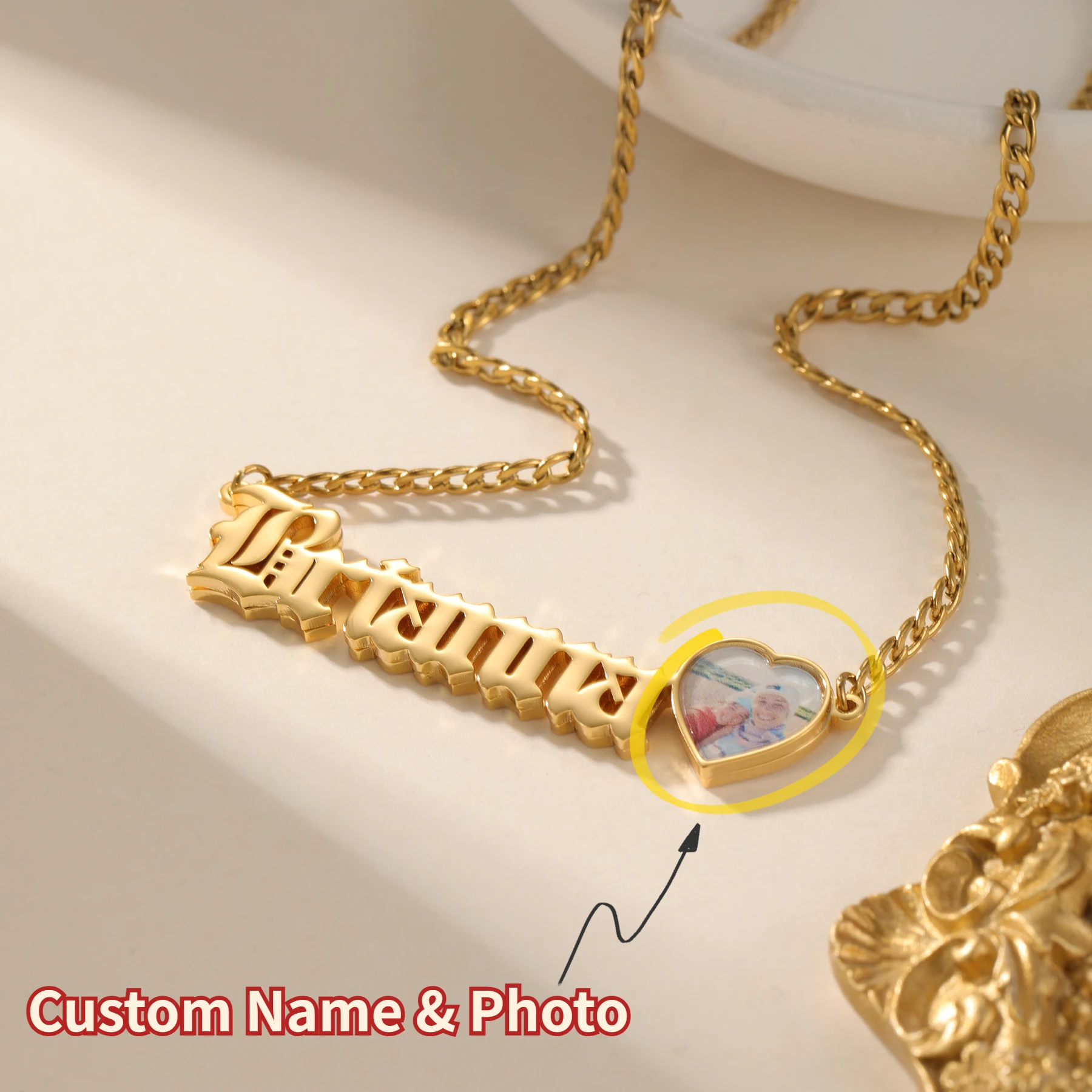 

Gold Name Necklace With Photo Heart Cuban Chain Personalized Memorial Gift For Her Valentine Anniversary Christmas Gold Plated