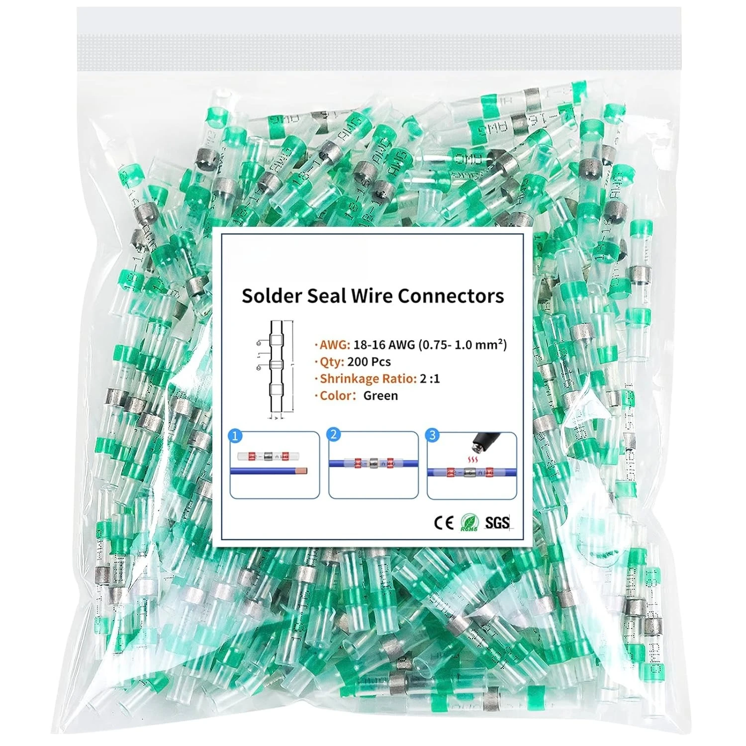 

200Pcs Waterproof Solder Seal Wire Connectors, 18-16 Gauge Green Heat Shrink Butt Connectors for Electrical Marine