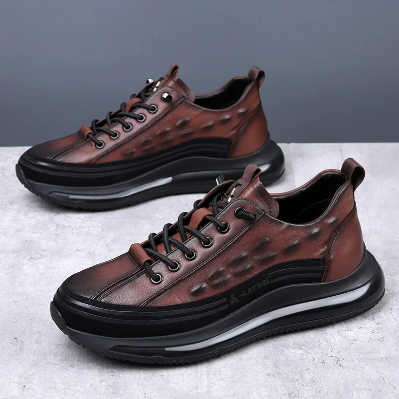 Men Shoes Air Cushion Leather Sneakers Man soft soled Internal heighten non-slip shockproof Jogging Footwear Faux Crocodile Skin