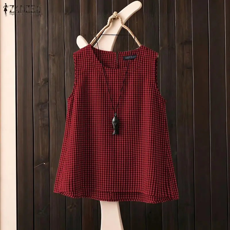 2026 ZANZEA Summer Tanks Tops Women Sleeveless Plaid Blouse Casual Loose Holiday Beach Tees Mujer Vintage Work Shirt Oversize