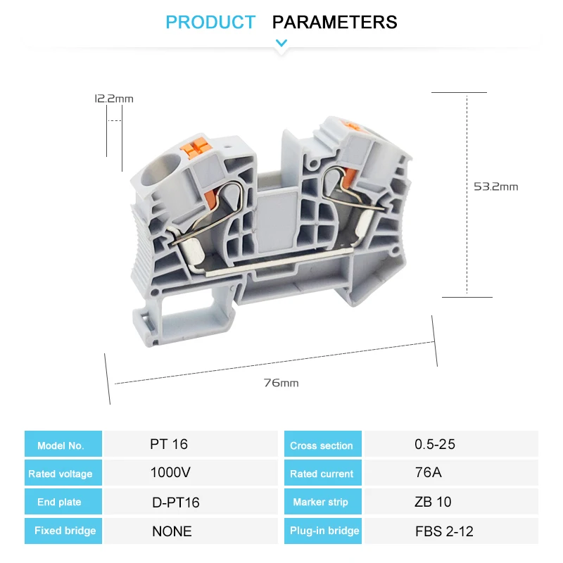 PT16 Din Rail Push-In Terminal Block, 16mm² Electrical Feed-Through Cable Plug Screwless Terminal Strip Wire Connector PT-16