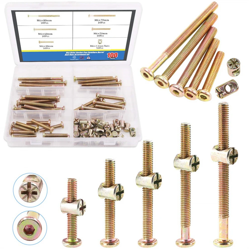 50 set Zinc Plated M6 x 40/50/60/70/80mm Hex Socket Head Cap Screws Bolts Furniture Crib Bolts with Barrel Nuts Assortment Kit