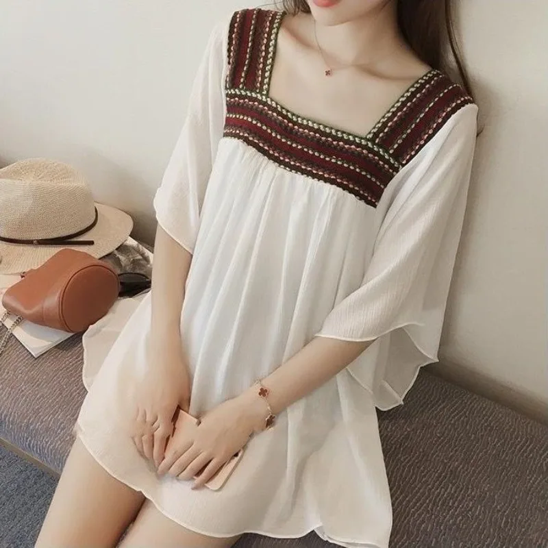 Summer Women\'s Clothing Square Collar Contrast Color Patchwork Pullover Chiffon T-shirt Loose All-match Casual Comfortable Tops