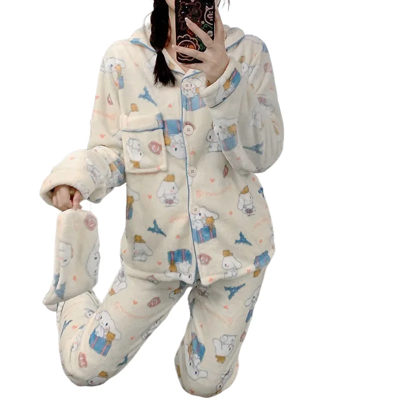 Sanrio Hello Kitty pyjamas femmes hiver corail velours épaissi chaud dessin animé vêtements d'extérieur maison vêtements costume velours pantalon