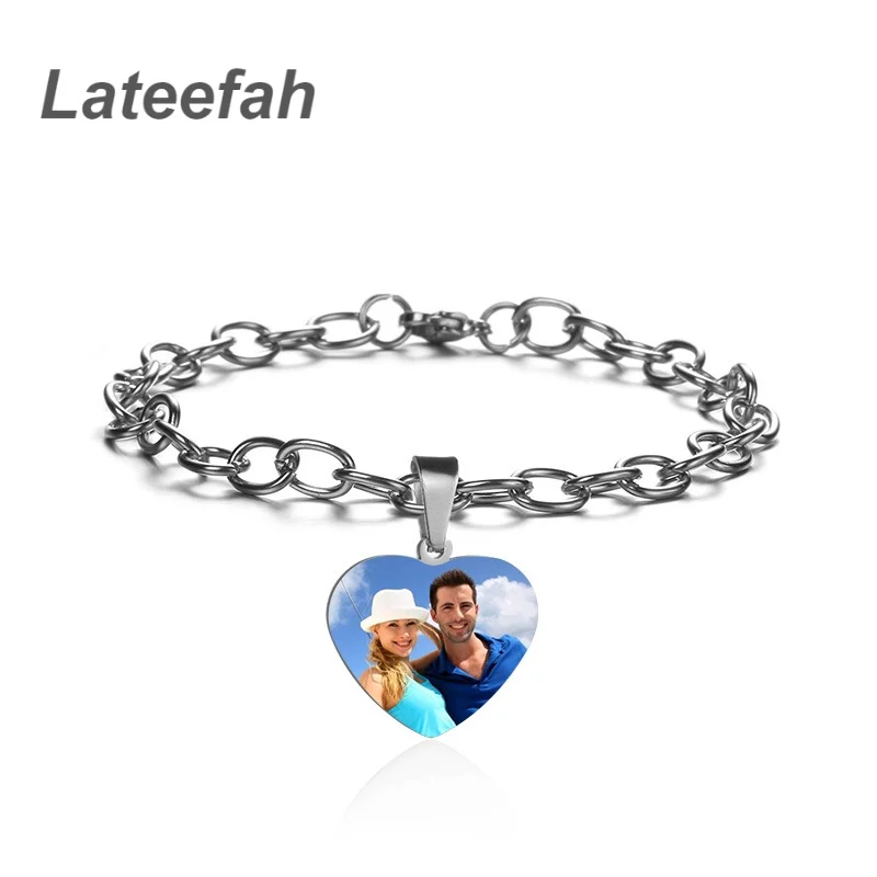 Lateefah Personalised Pulseras De Hombre Stainless Steel Customised 20cm Heart Round Rectangle Charm Engraved Photo Men Bracelet