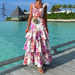 Wefads 2 Piece Set Women Summer Elegant Floral Printed Sleeveless High Waist Vest Top Loose Cascade Long Skirt Sets Streetwear