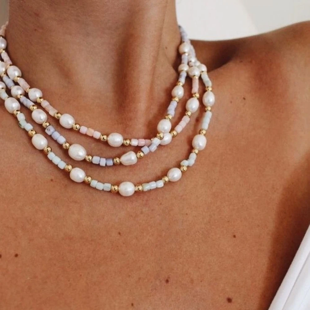 

2025 New Natural Pearl Choker Necklace Women's Cylindrical Beads Jewelry Elegant Summer Adjustable Choker Gift Luxury Fashion
