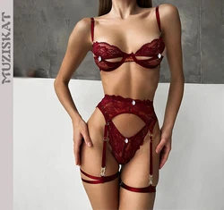 MUZISKAT Sexy Fashion Women's Erotic Four-Piece Set Of New Water Drop Diamond Grain Sexy Lace Hollowing Lingerie Set Onlyfans