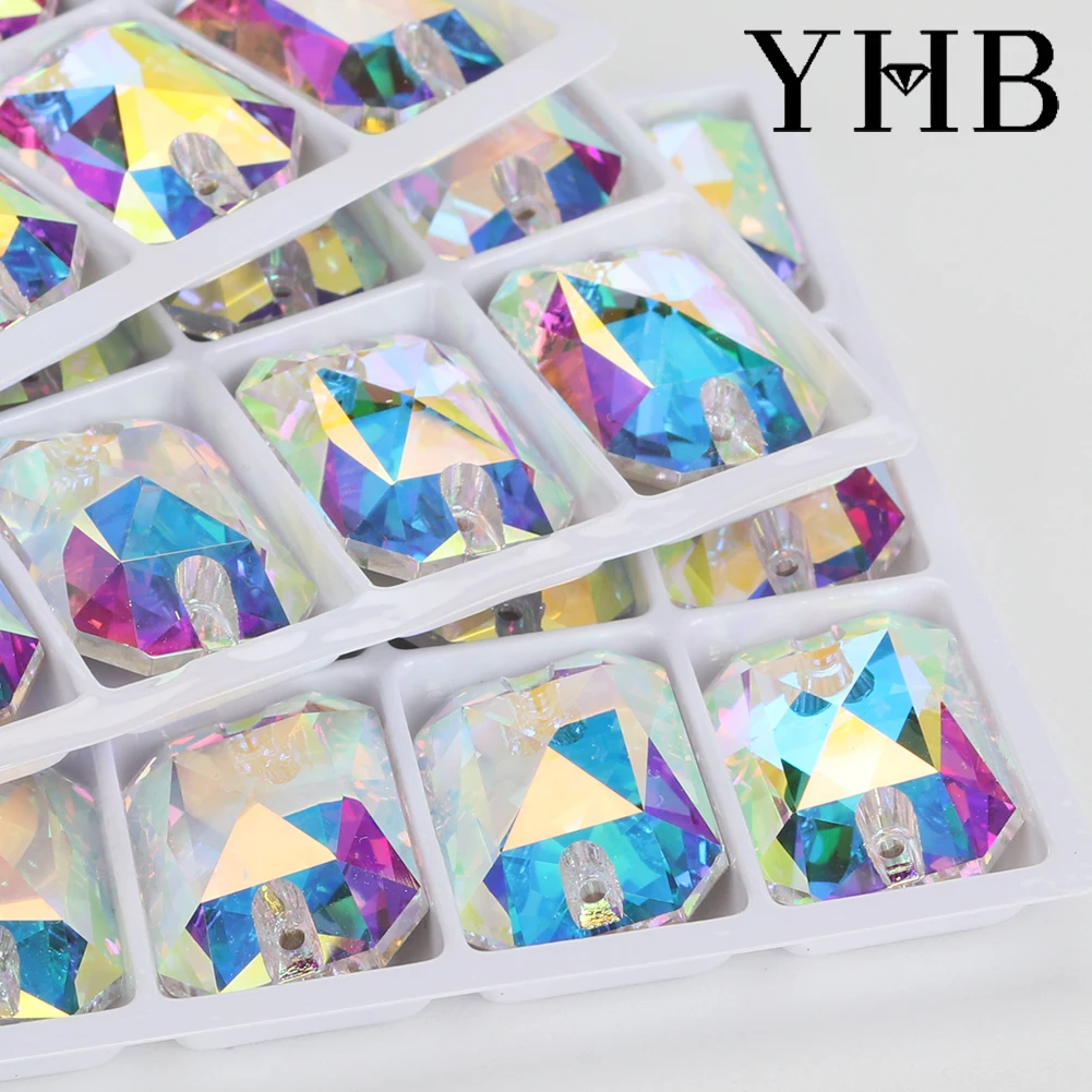 YHB Emerald Cut Glass Siam Aquamarine Crystal AB Sewing Stones Flatback Sew on Rhinestones For Garment Clothes Bags