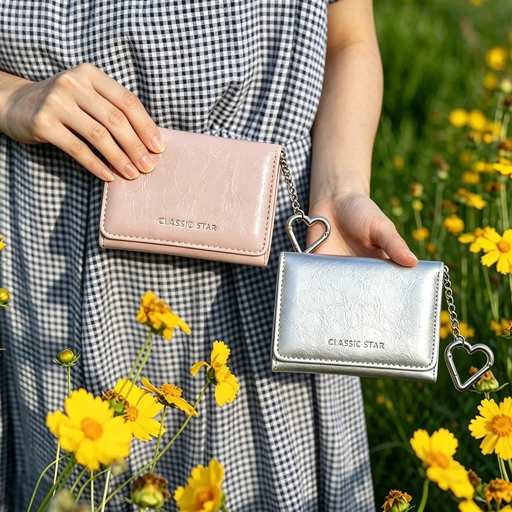 Women Minimalist PU Leather Trifold Wallet with Card Slots ID Window Heart Keychain Credit Card Holder Slim Purse Clutch