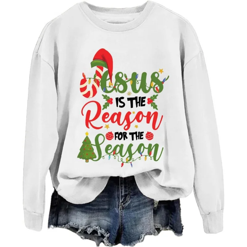 Camisa deportiva navideña de manga larga con estampado de letras de Jesús, jersey gris para mujer