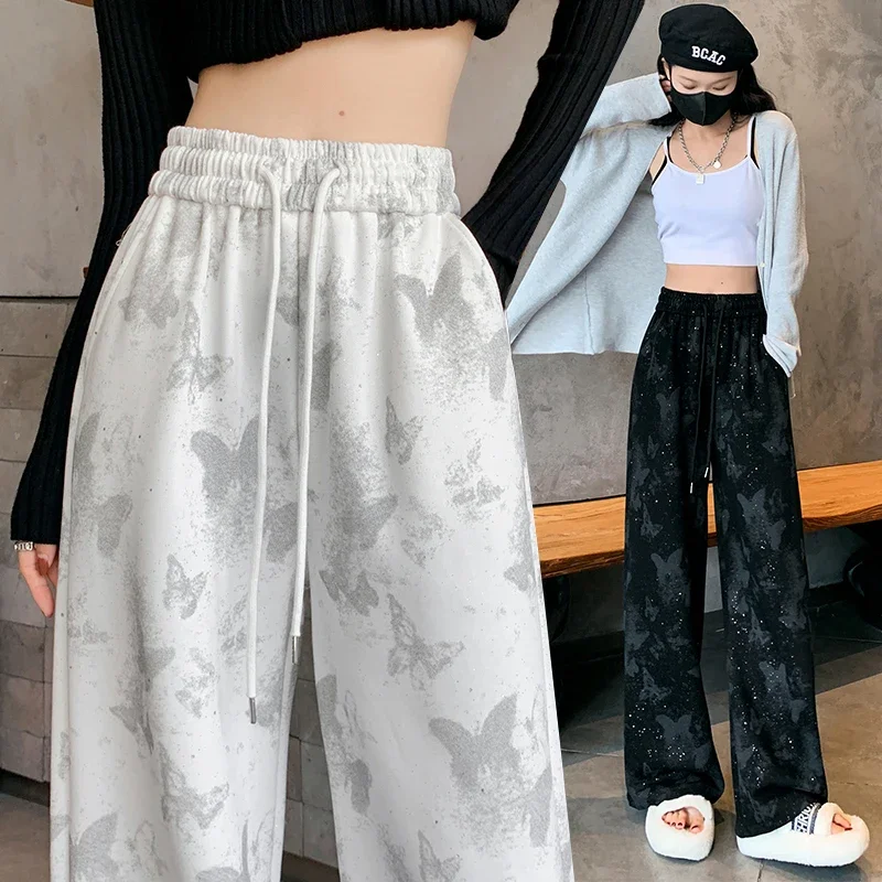 

MiiiiX Chinese Ink Style Retro Tie-dye Pants Women's Casual Trousers with Butterfly Elements High-waist Straight Sweatpants