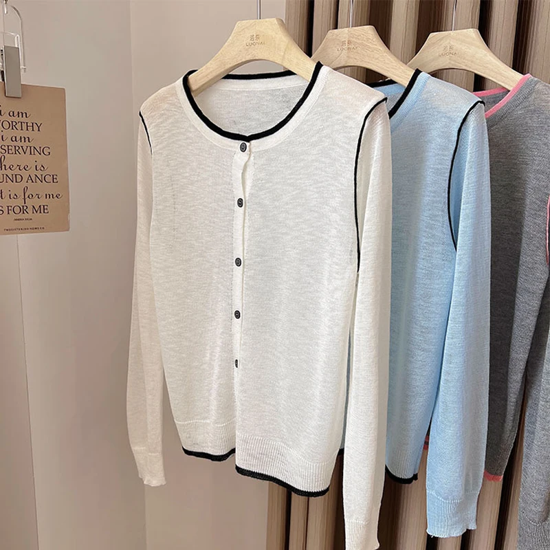 

2025 Chic Contrast Color Thin Knitted Cardigan for Women Korean Loose O-Neck Single Breasted Tops Spring New Long Sleeve Coat