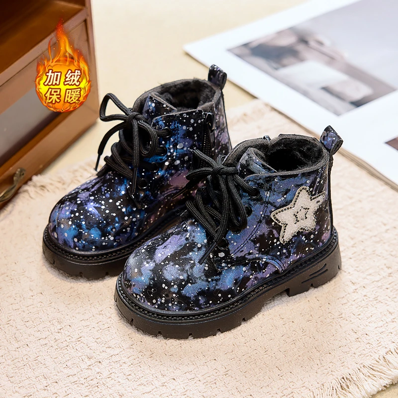 Star Bling Graffiti Children Fashion Boots PU Plush Warm Boys Girls Ankle Shoes Winter Thicken Zip Soft Sole Toddler Kids Boots